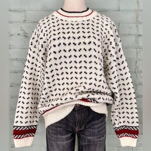 Vintage Crew Neck Sweater in Cream and Navy Blue Birds Eye Pattern